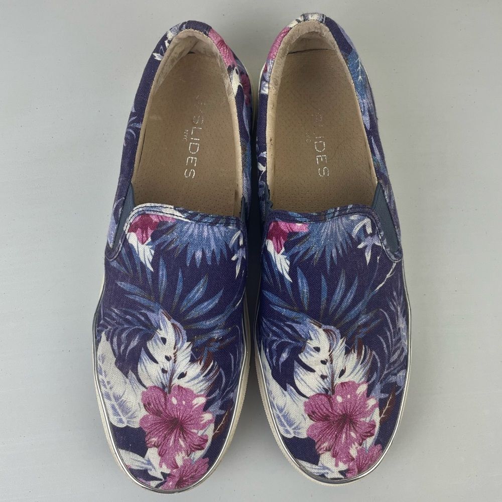 J/Slides Anthropologie pink purple floral canvas slip on sneakers Size 7.5